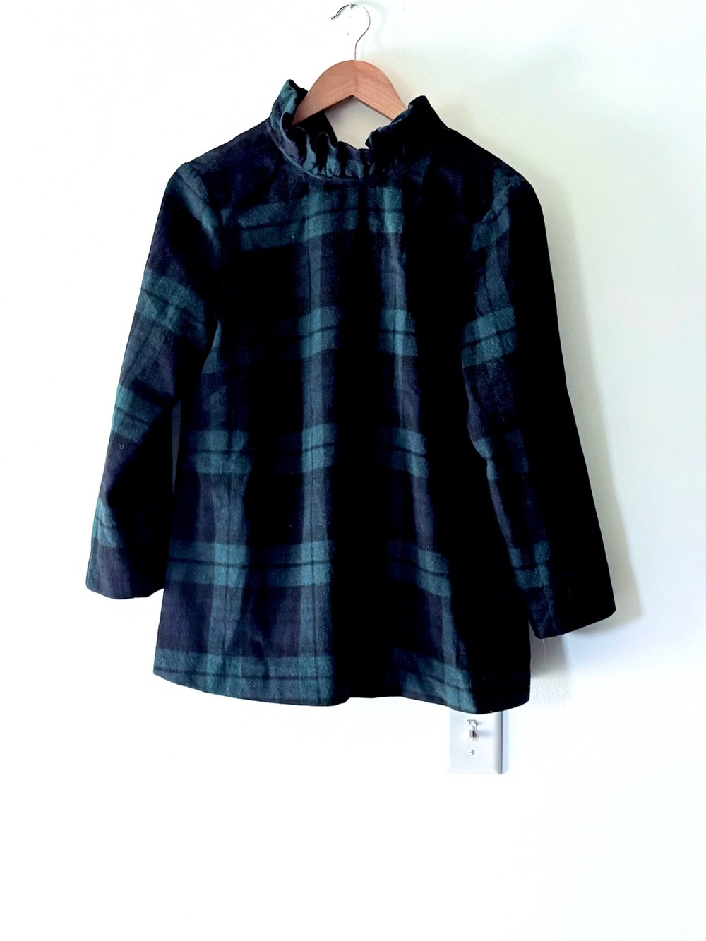 Tuckernuck Faye Wool Green & Navy Plaid Ruffle Neck Loose Fit Lined Lux Blouse - Picture 3 of 6